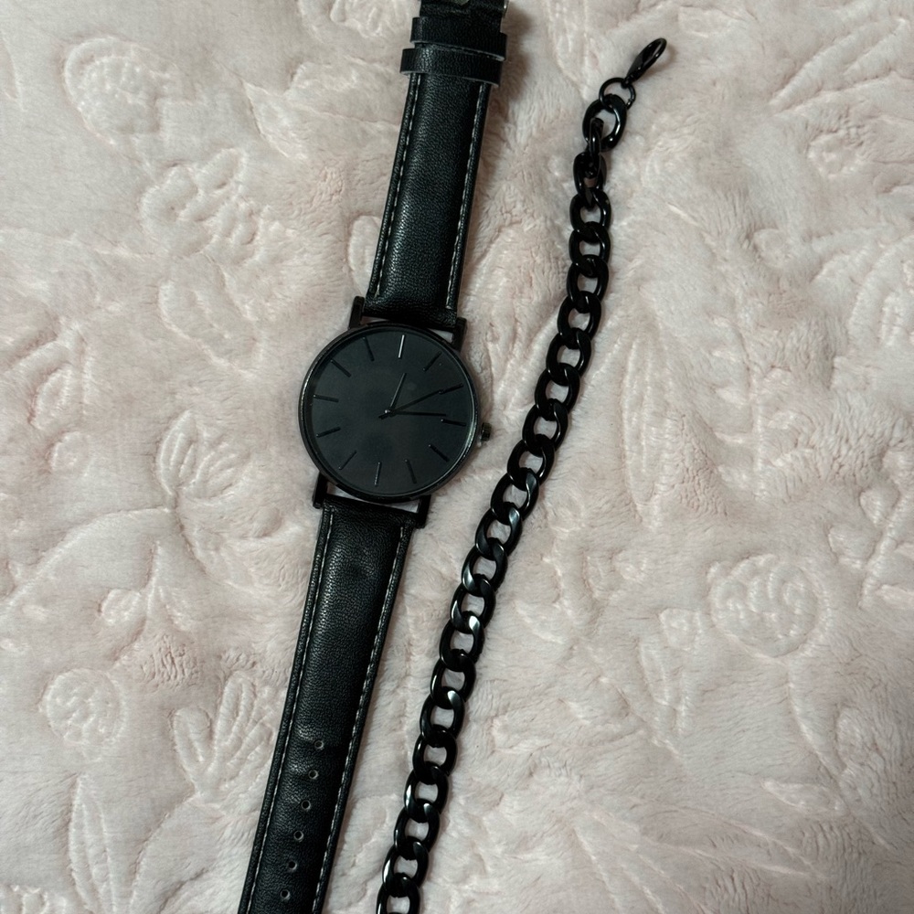 Black Leather Men's Watch and Bracelet Set